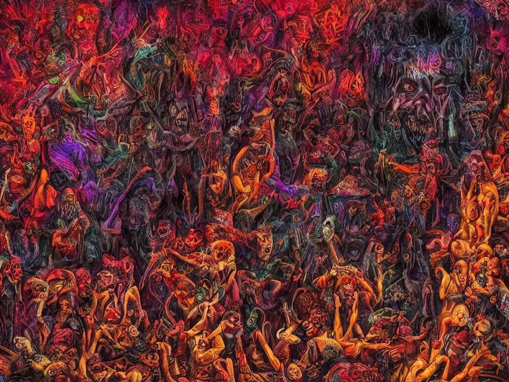 Prompt: a psychedelic tour through the hell filled with demons, dark colours, patterns, highly realistic, 4 k, 8 k, scary