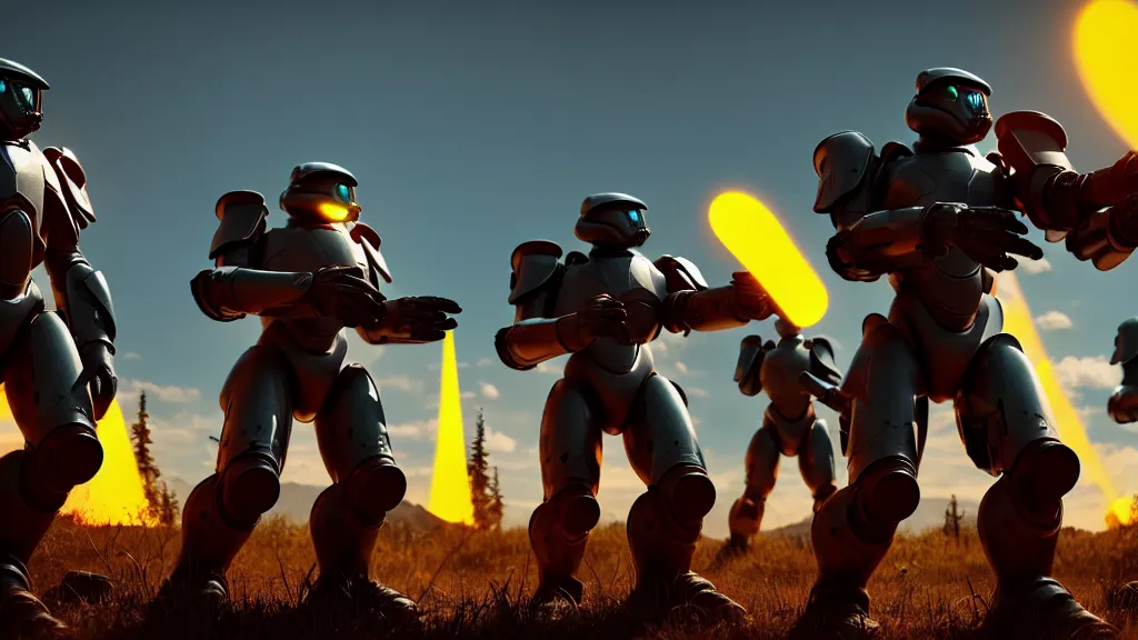 Prompt: futuristic power armor soldiers firing away from the camera, eye catching composition, realistic, unreal engine 5, global illumination, detailed environment, bright colours, cinematic, atmosphere, 4 k
