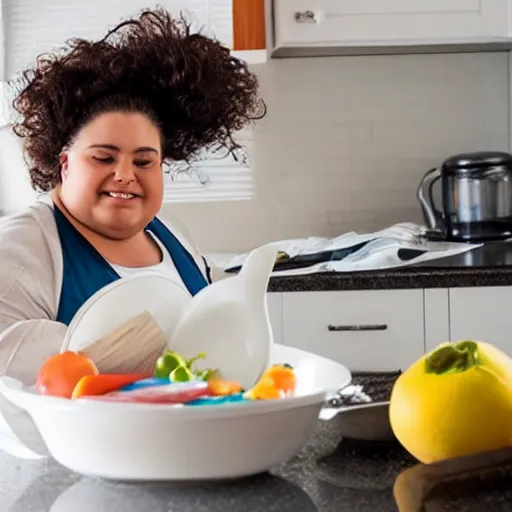 Image similar to a very obese woman doing the dishes, text your mom