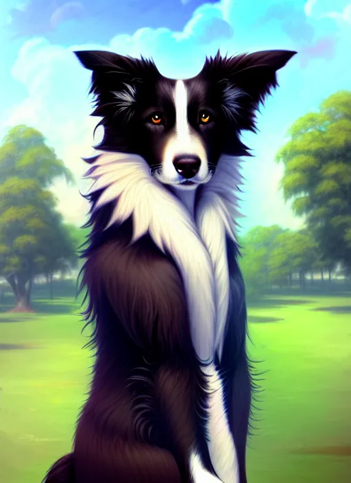 Prompt: wide angle beautiful full body portrait of a cute male anthro border collie fursona posing in front of a park, character design by charlie bowater, henry asencio, and ross tran, furry art, furaffinity, beautiful, glamor pose, detailed, aesthetic, trending on artstation