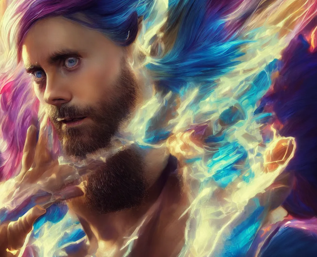 Prompt: dramatic portrait of Jared Leto, bloomed lighting, angelic, futuristic, beautiful colors, slightly golden, very sharp likeness, very detailed, chopping hands, electrical details, cinematic lighting high details, 4k, 8k, trending on artstation, ultra-realism, by Boris Vallejo and Hajime Sorayama