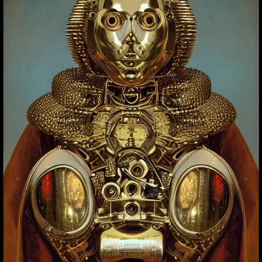 Image similar to a portrait of a shiny metallic renaissance steampunk robot, in the style of Jan van Eyck,