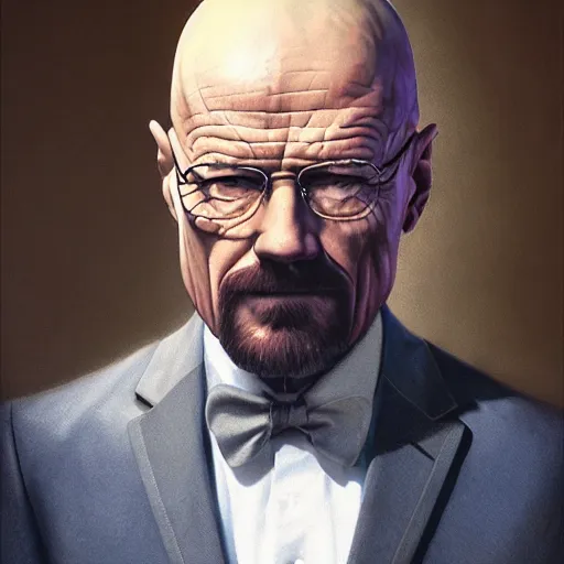 Image similar to walter white in a fancy suit, digital painting, artstation, concept art, donato giancola, Joseph Christian Leyendecker, WLOP, Boris Vallejo, Breathtaking, 8k resolution, extremely detailed, beautiful, establishing shot, artistic, hyperrealistic, beautiful face, octane render, cinematic lighting, dramatic lighting, masterpiece