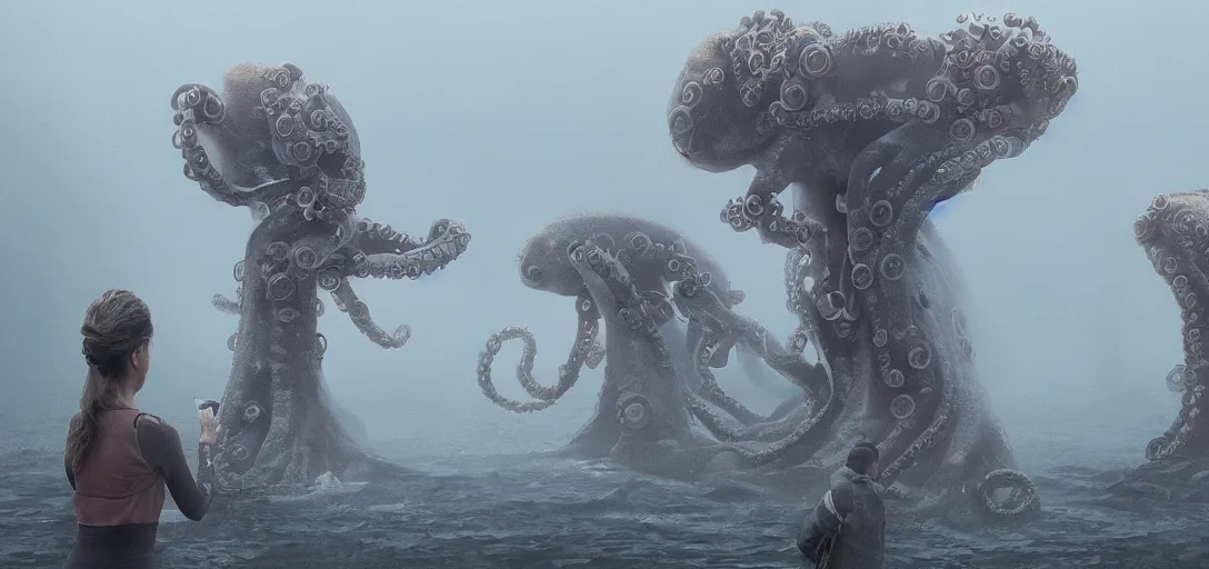 Prompt: a robotic octopus painting portraits for a line of tourists, foggy, cinematic shot, photo still from movie by denis villeneuve, wayne barlowe