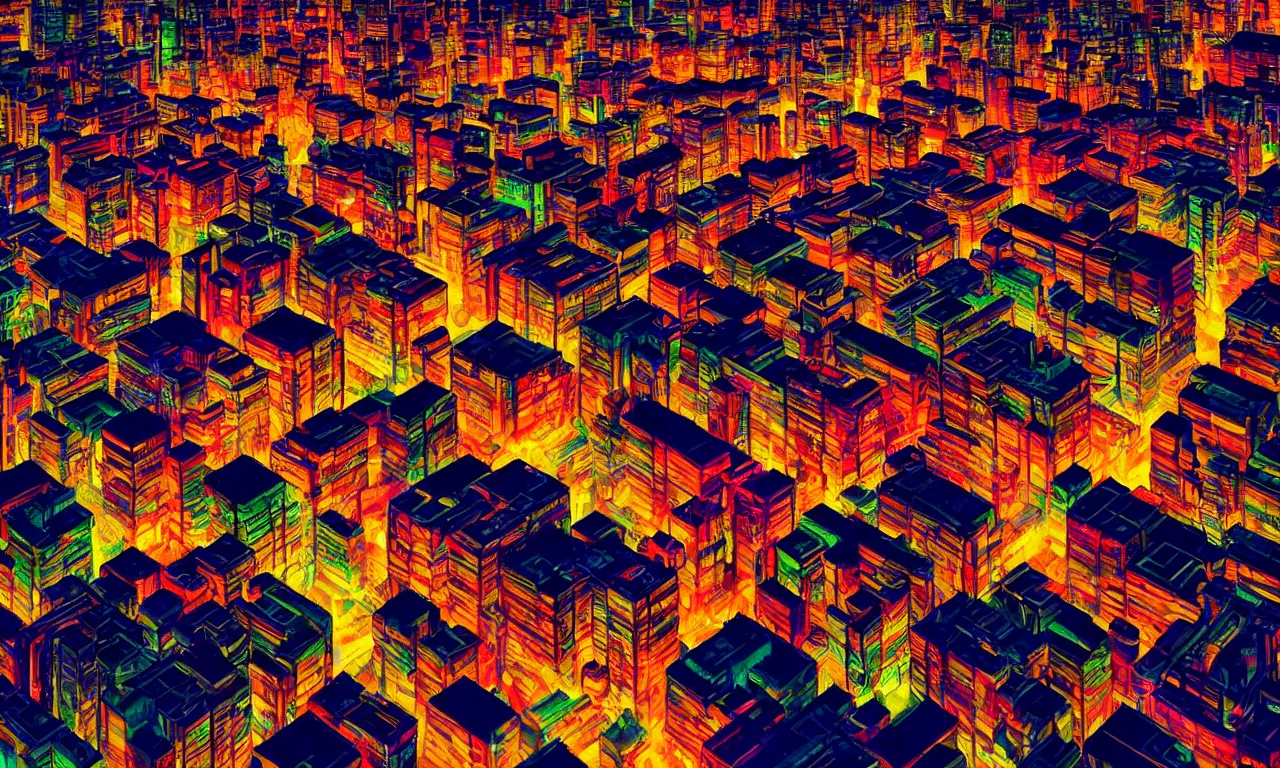 Image similar to drone view colorful photograph of a futuristic city, science fiction, night lights, beautifully lit buildings, mystic hues, distant, sharp focus, volumetric lights, digital art, RTX, hyperrealistic, cinematic, acid pixie, by lee madgwick