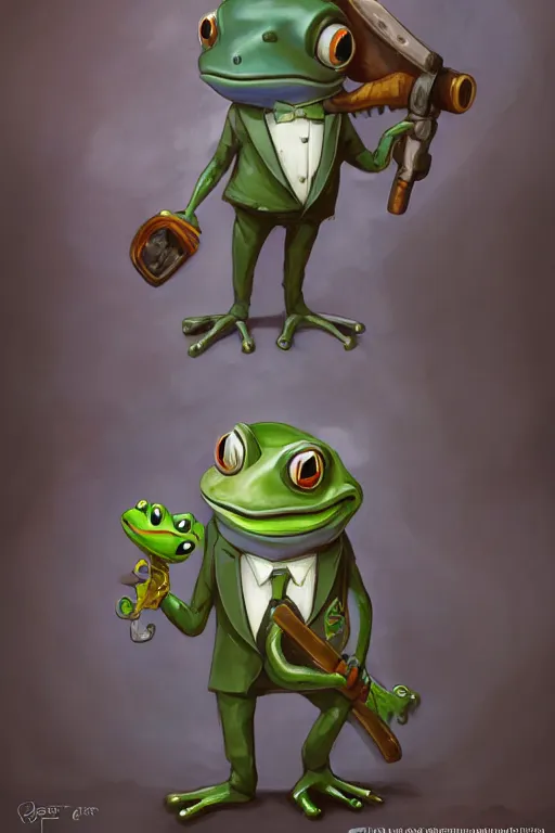 Prompt: cute anthropomorphic frog wearing a fancy suit , tuxedo and holding a chainsaw ,tiny, small, miniature frog, baby animal, short, pale blue armor, cute and adorable, pretty, beautiful, DnD character art portrait, matte fantasy painting, cgsociety Artstation, by Jason Felix by Steve Argyle by Tyler Jacobson by Peter Mohrbacher, cinematic lighting