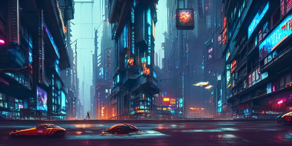 Image similar to a street level painting of a cyberpunk city with flying cars, advertisements, night, highly detailed, intricate, dynamic lighting, painting by otto dix and greg rutkowski, unreal engine, octane render, 8 k