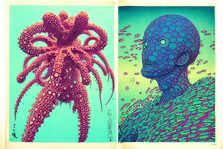 Prompt: risograph grainy drawing vintage sci - fi, satoshi kon color palette, gigantic gundam full - body covered in iridescent dead coral reef 1 9 6 0, kodak, with lot tentacles, natural blue - green colors, codex seraphinianus painting by moebius and satoshi kon and dirk dzimirsky close - up portrait