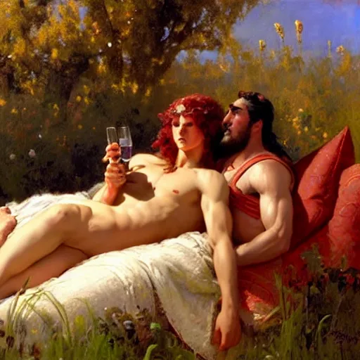 Image similar to ares tickles achilles the champion with a feather on a bed of pillows in a meadow,!!! dionysus drinks wine in the background she is smirking!!!, painting by gaston bussiere, craig mullins, j. c. leyendecker, tom of finland