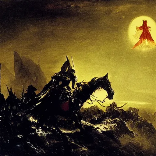 Image similar to holy knight in golden armor with a runnic sword fighting demons in hell, black ground and sky, red sun and rivers of blood, peder balke style