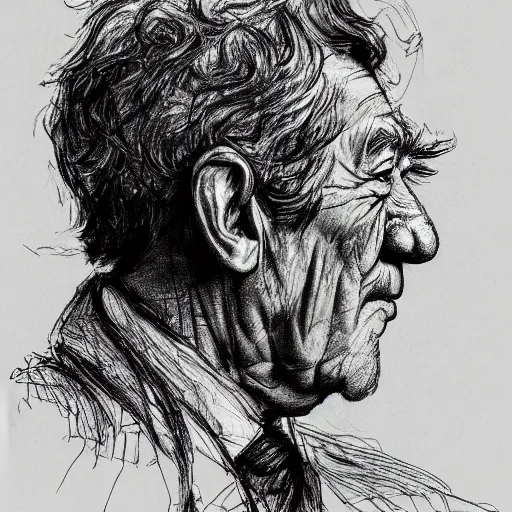 Prompt: a realistic yet scraggly portrait sketch of the side profile of a stern and sophisticated ian mckellen with a bucket on his head, octane render, intricate details, in the style of frank auerbach, in the style of sergio aragones, in the style of martin ansin, in the style of david aja, in the style of mattias adolfsson