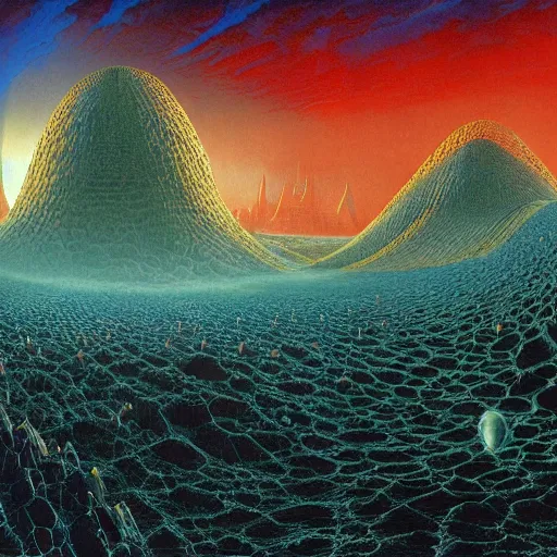 Image similar to a hybrid of the mandelbox and a barren hellscape populated by demon ; illustrated by thomas kincade, wayne douglas barlowe, and chris foss