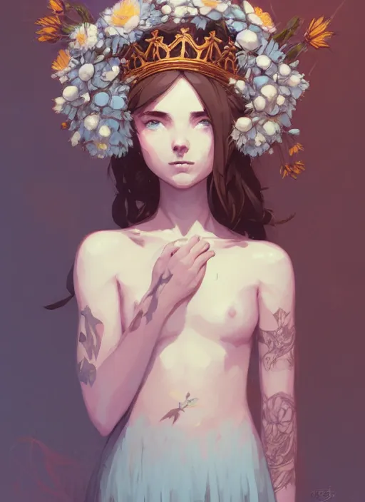 Image similar to portrait of cute nymph girl with crown of flowers with celtic tattoos, fantasy, by atey ghailan, by greg rutkowski, by greg tocchini, by james gilleard, by joe gb fenton, by in kaethe butcher, dynamic lighting, gradient light blue, brown, blonde cream and white color in scheme, grunge aesthetic
