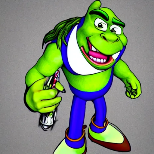 Prompt: the fusion of shrek and sonic the hedgehog