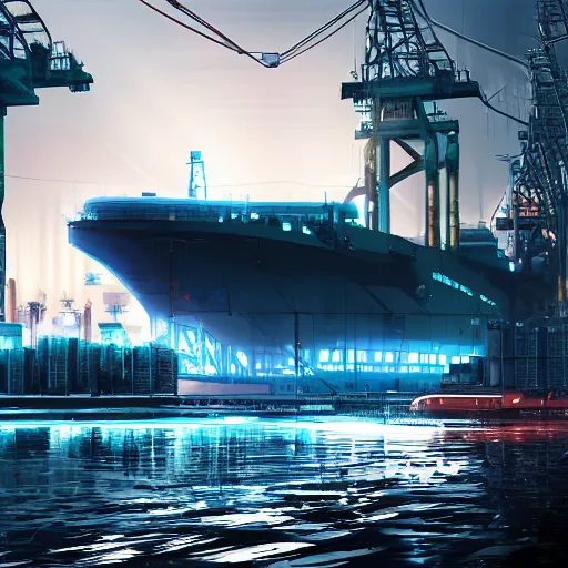 Image similar to photo of Immense industrial futuristic cargo ship arrives at cyber punk city sea port, cinematic lighting, photo