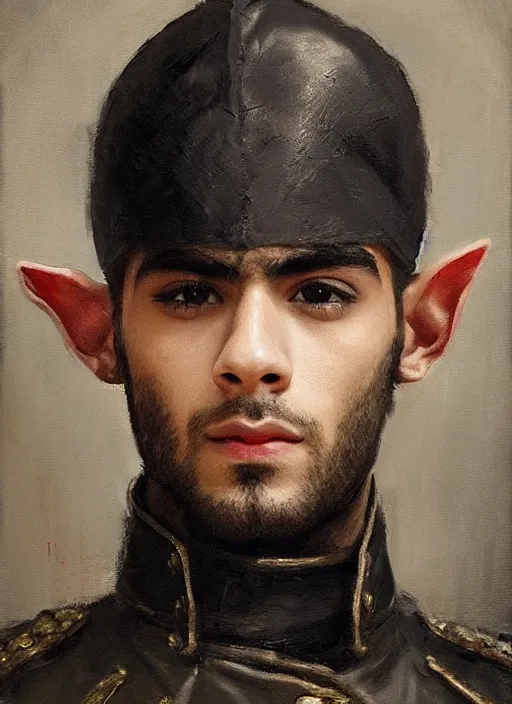 Image similar to portrait painting of zayn malik as an elf by jeremy mann, wearing leather napoleonic military style jacket, only one head single portrait, pointy ears