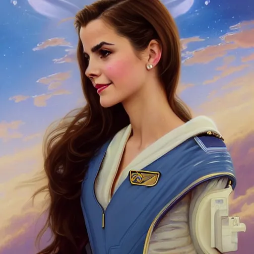 Image similar to A combination of Victoria Justice's and Grace Kelly's and Emma Watson's appearances as an astronaut, full body portrait, western, D&D, fantasy, intricate, elegant, highly detailed, digital painting, artstation, concept art, matte, sharp focus, illustration, art by Artgerm and Greg Rutkowski and Alphonse Mucha