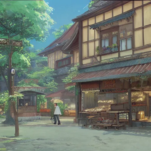 Image similar to concept art painting of a historic bakery with european and japanese architecture, in a forest village surrounded by trees, realistic, detailed, cel shaded, in the style of makoto shinkai and greg rutkowski and james gurney