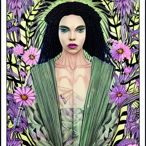 Image similar to the non-binary deity of Spring, she resembles a mix of Grimes, Aurora Aksnes, and Zoë Kravitz, in a style blend of Botticelli and Æon Flux, stunningly detailed artwork