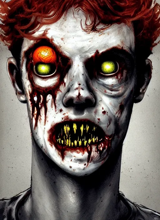 Image similar to portrait of zombie teenage archie andrews, red hair, curly hair, curly middle part, freckles, photorealistic, zombie, rotting skin, blind eyes, white eyes, zombie, intricate, elegant, orange, glowing lights, highly detailed, digital painting, artstation, concept art, sharp focus, illustration, art by wlop, mars ravelo and greg rutkowski