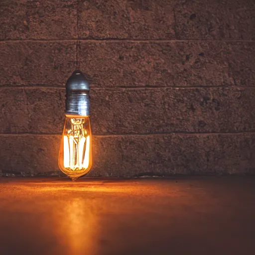 Image similar to a bright antique lightbulb on the floor lighting up a dark room with a brick floor, close up, dslr photo