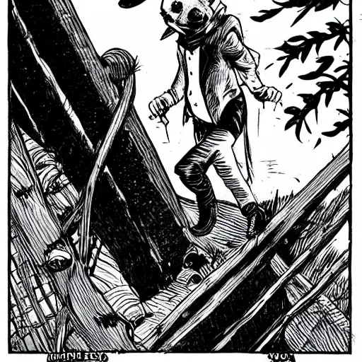 Prompt: A ferret walking on top of a fence. Dark Fantasy, Film Noir, Black and White. High Contrast, Mike Mignola, D&D, OSR