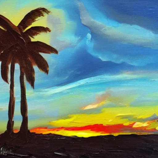 Image similar to a very very small island! woman!!! fireplace!! palm trees, dark very late evening cloudy sunset, dramatic and dynamic lighting, thick brush strokes oil impasto painting