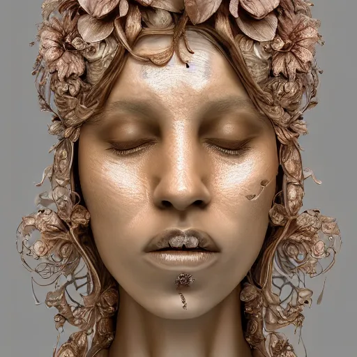 Image similar to beatifull face portrait of a woman, 150 mm, anatomical, flesh, flowers, mandelbrot fractal, facial muscles, veins, arteries, intricate, golden ratio, full frame, microscopic, elegant, highly detailed, ornate, ornament, sculpture, elegant , luxury, beautifully lit, ray trace, unreal, 3d, PBR, in the style of peter Gric , alex grey and Romero Ressendi