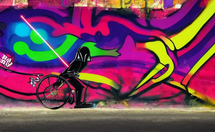 Image similar to psychedelic graffiti art of Darth Vader riding a unicycle, 4k wallpaper