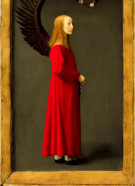 Image similar to profile of a fallen angel dressed in red with wings by Jan van Eyck, Hieronymus Bosch, Johannes Vermeer 4k post-processing, highly detailed medieval painting