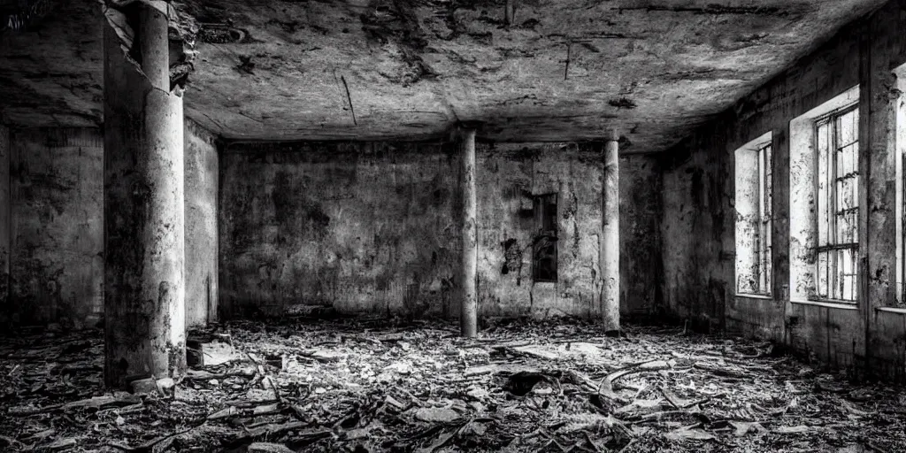 Image similar to abandoned prison with monsters, old photo, black and white, real