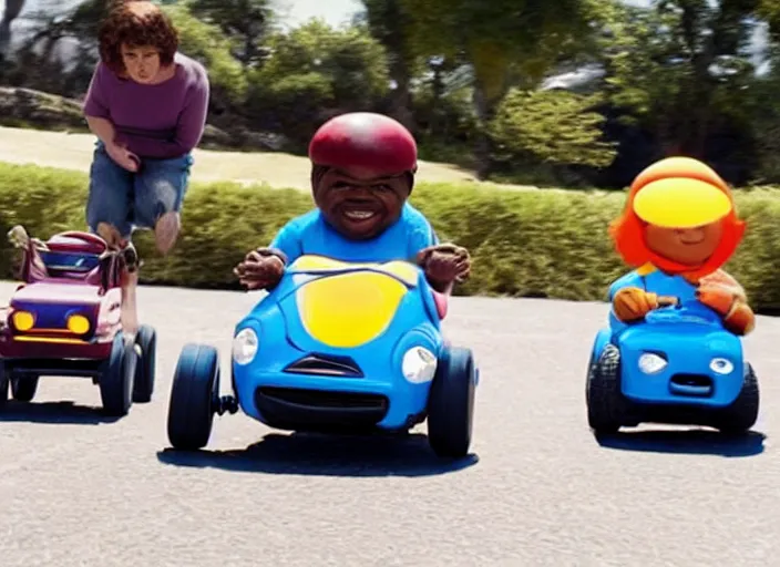 Image similar to peter dinklage racing gary coleman driving a little tikes cars, movie still, from the new fast and furious movie, 8 k, realistic