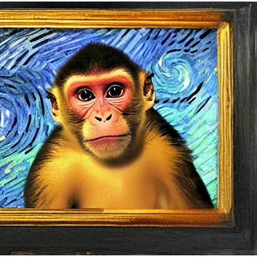 Image similar to a beautiful oil painting of a monkey in a tesla , 8k , award winning , made in 1800's , old , painted by vincent van gogh