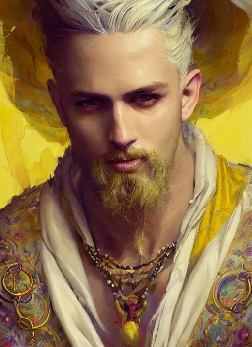 Prompt: a beautiful detailed painting of a gypsy male bard in colorful ornate robes robes, pale skin, white hair, yellow eyes, master of dreams art by jon foster trending on artstation painted by greg rutkowski, painted by stanley artgerm