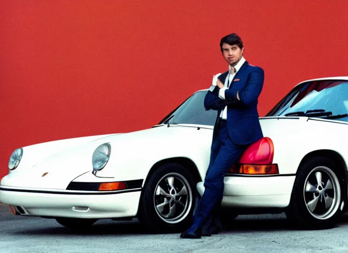 Image similar to color photo of a cool handsome photomodel with arms crossed leaning against a white porsche 9 1 1 in the 8 0's. girl beside him