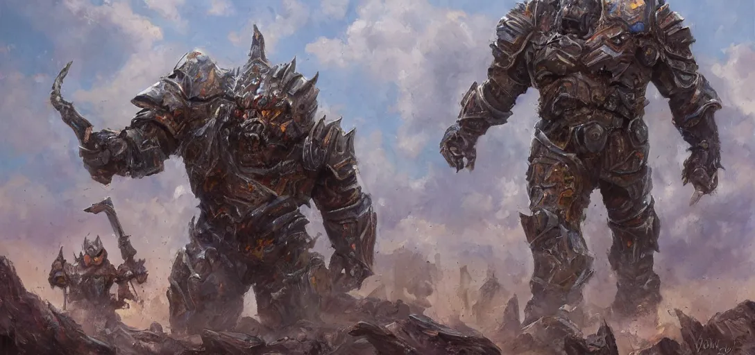 Image similar to oil painting of lone giant orc in futuristic armor roars as it steps over it's fallen enemy's bodies, boris vallego