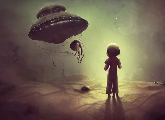 Prompt: A poor child in the Great Depression being visited by aliens, digital art, 4K, highly detailed