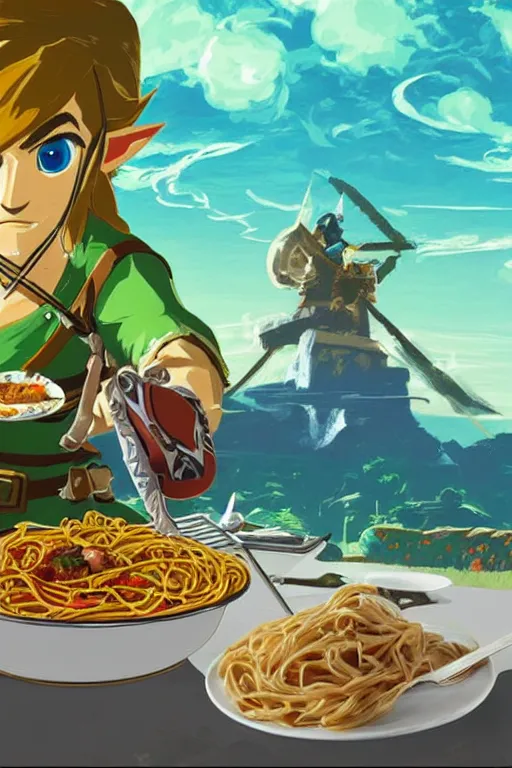 Prompt: in game footage of link from the legend of zelda breath of the wild eating spaghetti at a restaurant, breath of the wild art style.