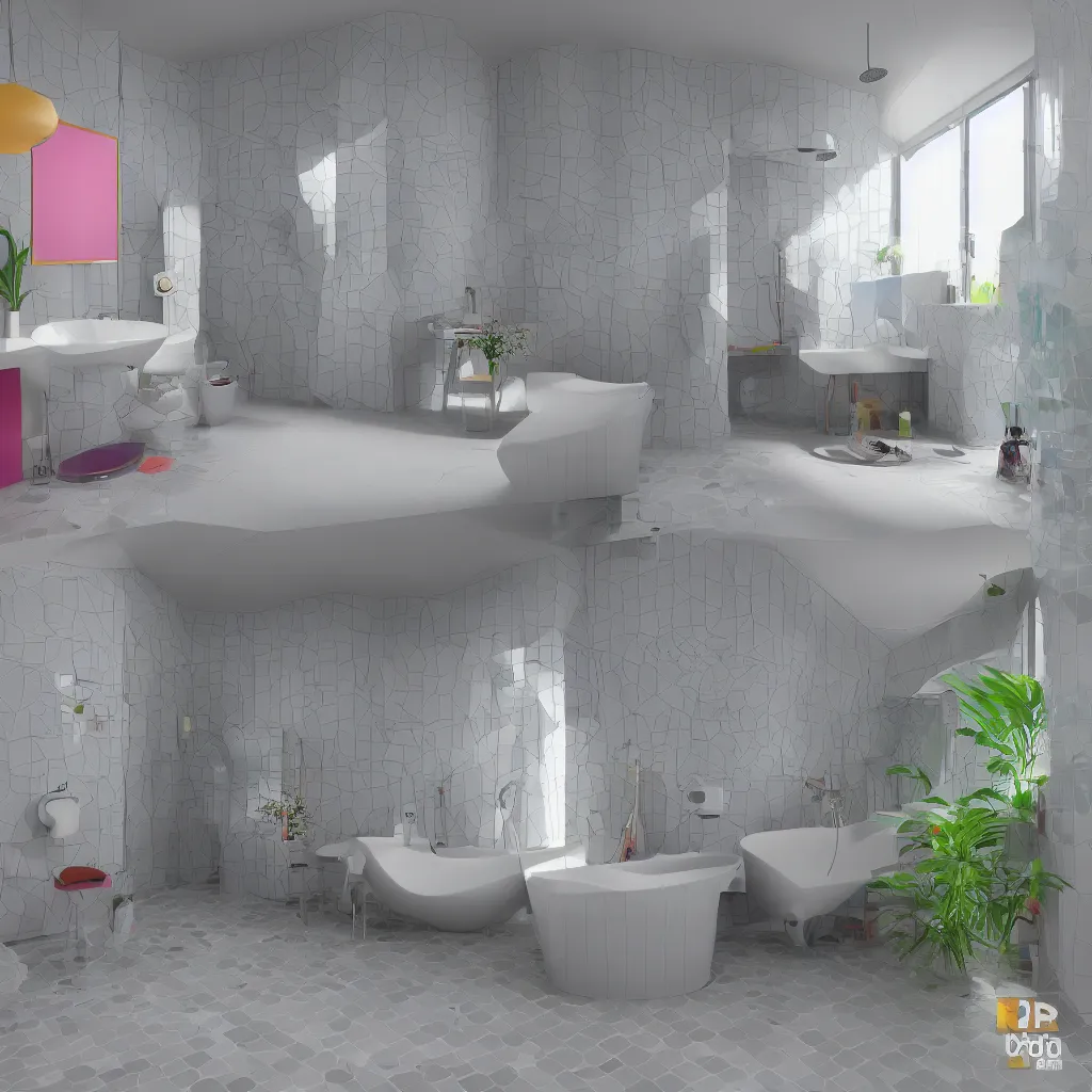 Prompt: colourful 3 d octane render ultra photorealistic hyper detailed isometric bathroom