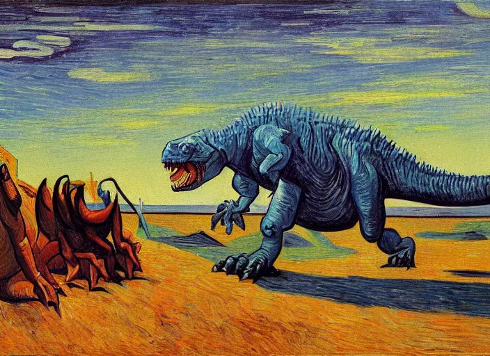 Image similar to painting of the extinction of the dinosaurs with asteroid and fire, in the style of edward hopper and vincent van gogh, dramatic lighting at dusk