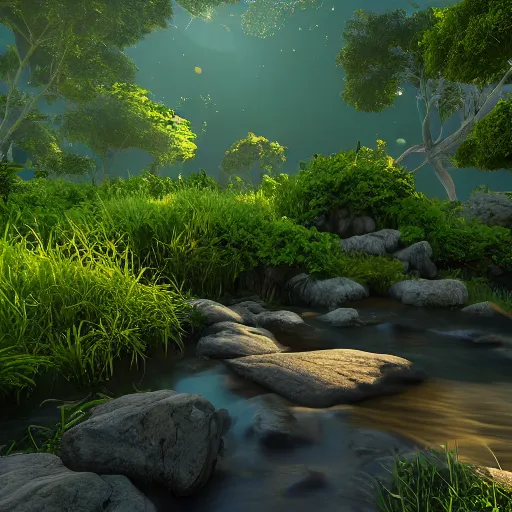 Image similar to a beautiful landscape, river, rocks, trees, volumetric lighting, octane render, nvidia raytracing demo, lush vegetation