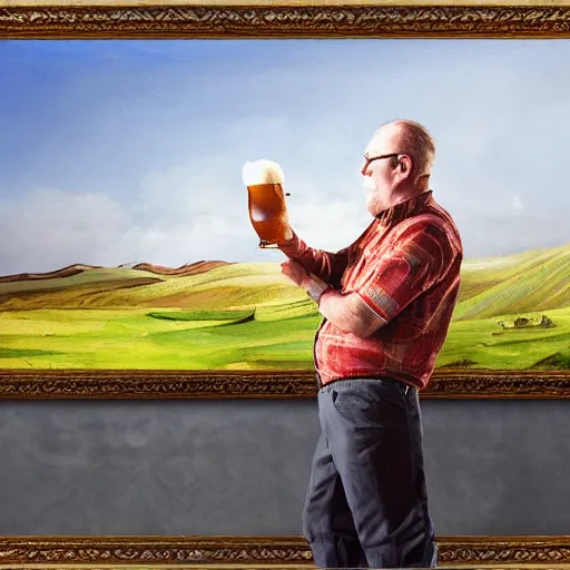 Image similar to a Scottish man holding a pint of beer in the middle of an empty field, In the back ground of the frame is a beautiful landscape., physically accurate, dynamic lighting, intricate, elegant, highly detailed, digital painting in the style of very very ralph steadman, sharp focus, illustration