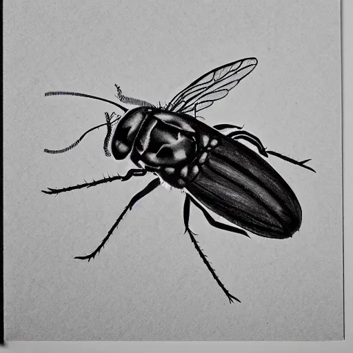 Prompt: common fly, black and white, botanical illustration, black ink on white paper, bold lines