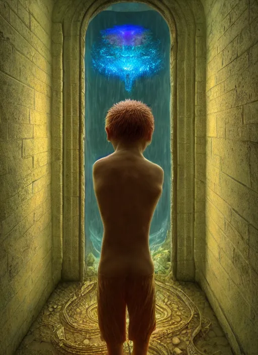 Image similar to hyperreal ultra detailed hypnagogic recollections from the waters of the unconscious. a 3 d psychopomp watching on. an ancient child. prismatic crystal light projections, a doorway threshold, a snake, sharp focus, global illumination, ornate, art by shaun tan, fenghua zhong and daniel merriam and dan mumford octane render