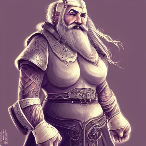 Prompt: elderly female feminine dwarven heavyset fighter with immaculate long grey hairstyle and bearded with beard in intricate beard in lengthy braids and wrinkled skin wearing full platemail armor by rossdraws