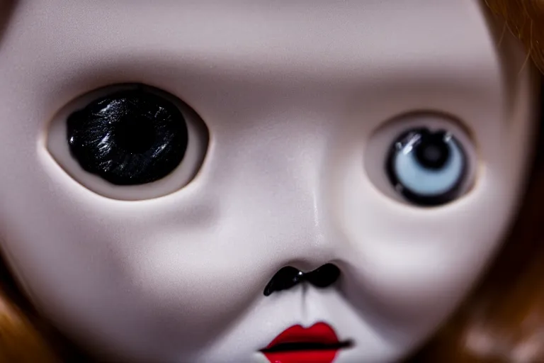 Image similar to a killer doll with human eyes staring out at the viewer