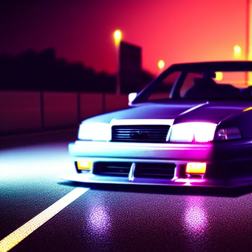 Prompt: a car JZX100 at illegal car meet, Saitama prefecture, city sunset mist neon lights, cinematic color, photorealistic, highly detailed, 200MM