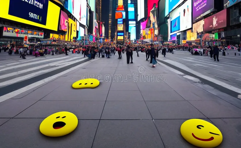 Image similar to 2d sad depressed emojis stock photo in Times Square, photograph