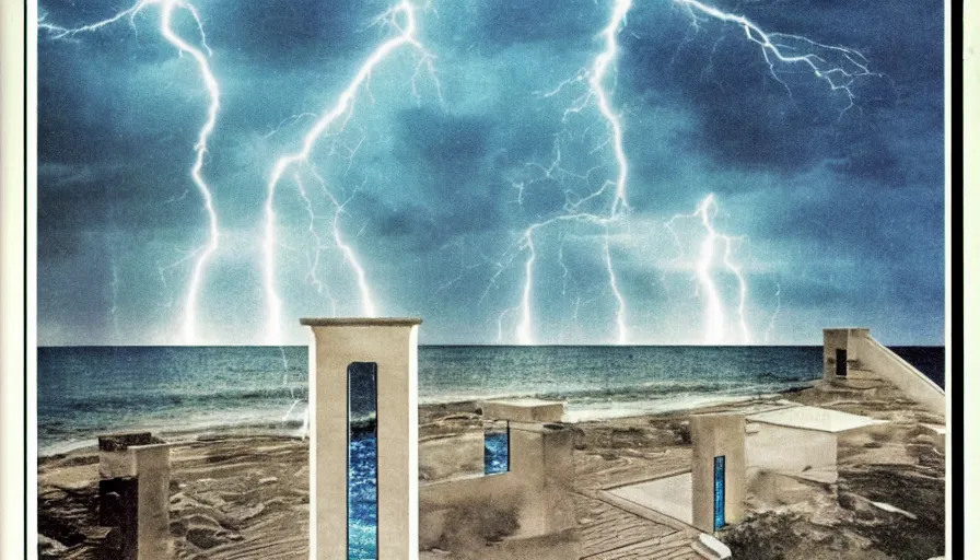 Image similar to A 1985 vintage magazine architecture photo of a, mediterranean architecture, refracted lines and sparkles, thunderstorm outside, beach on the background major arcana sky and occult symbols, hyperrealistic, award-winning, 1985