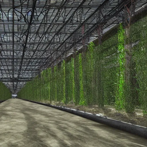 Image similar to beautiful render of a forest growing inside of a bright industrial warehouse